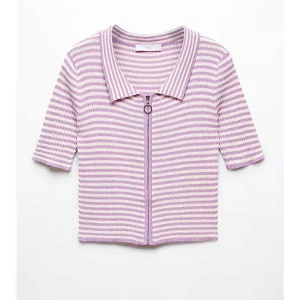 MANGO Purple Striped Zip Up Polo Shirt Short Sleeved Ribbed Knit - Large